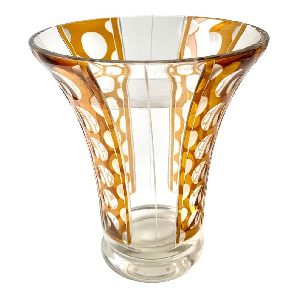 Vintage Modern Contemporary Small Glass Amber and Clear Vase From Europe